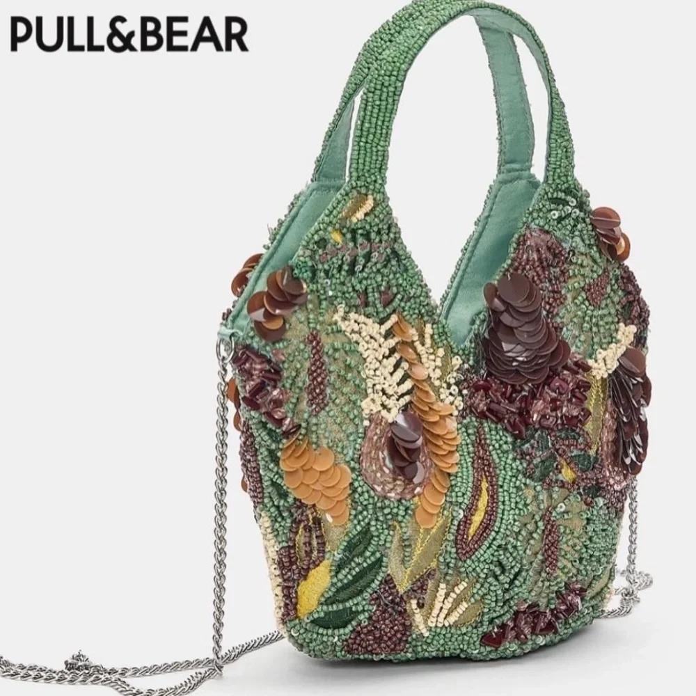 Pull&Bear Green and Brown Beaded Shoulder Bag - Picture 2 of 4